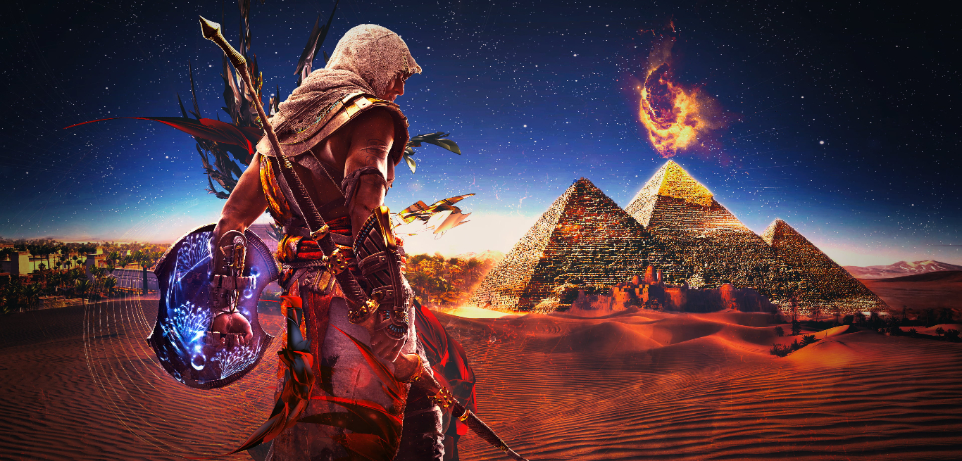 Game main character in foreground and pyramids in background