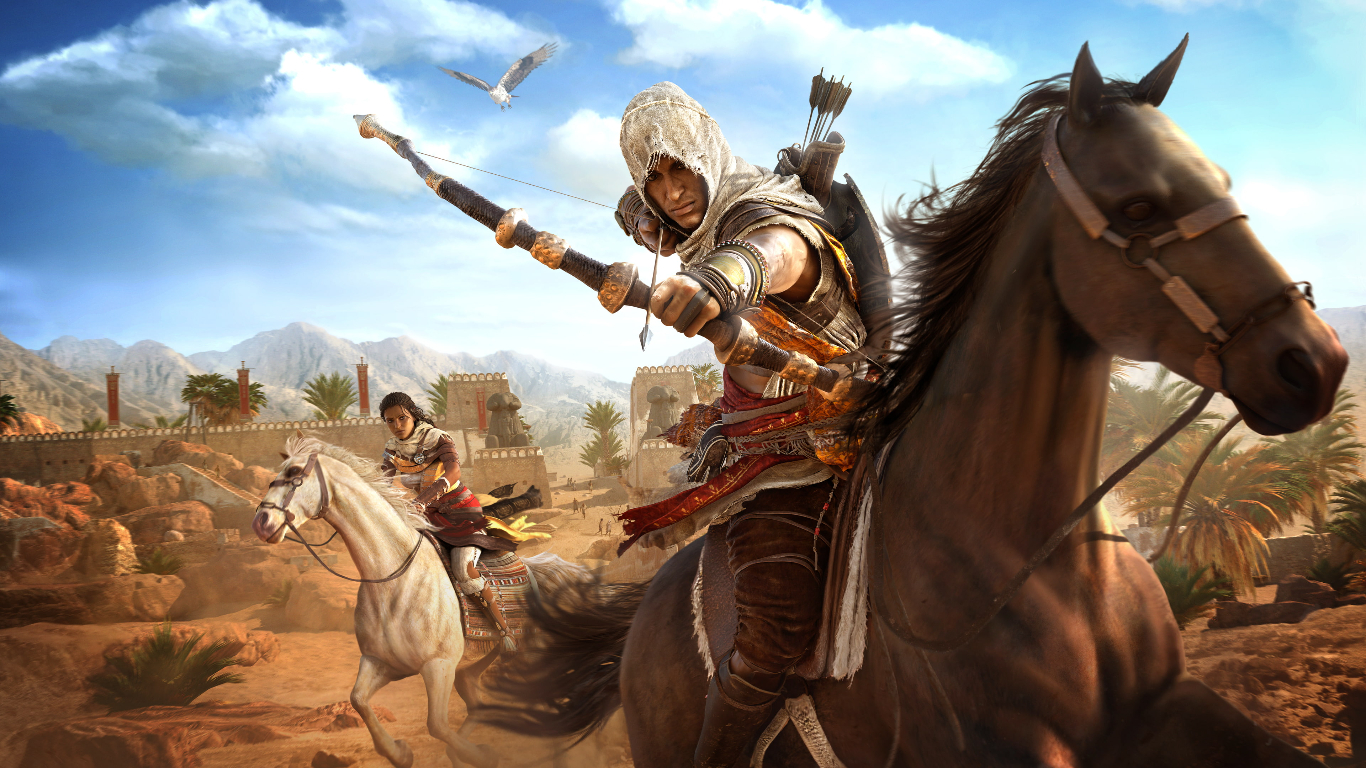 Game character riding horse with bow and arrow in their hand