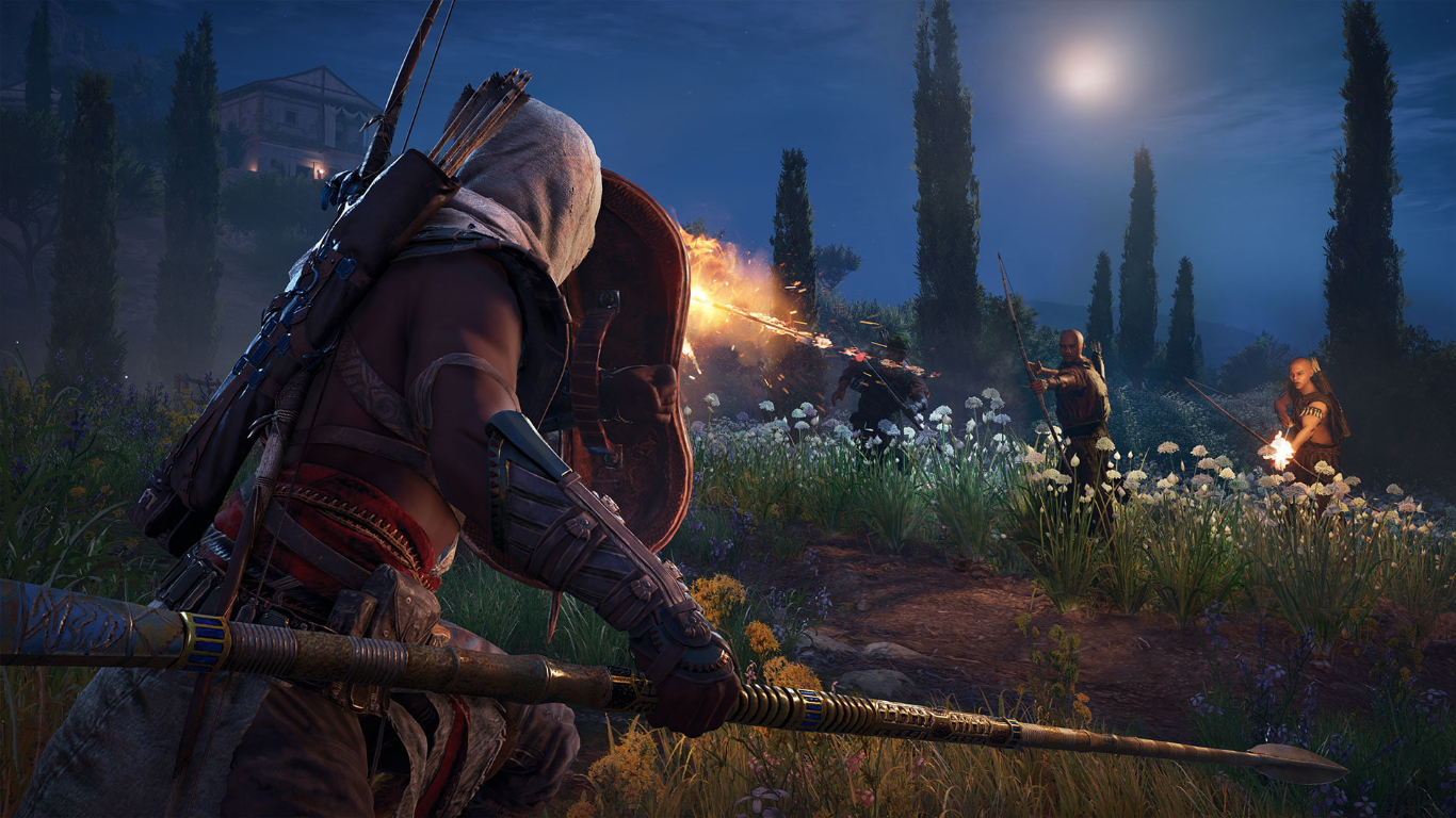 Main character in a fight using his shield from getting hit by a fire arrow