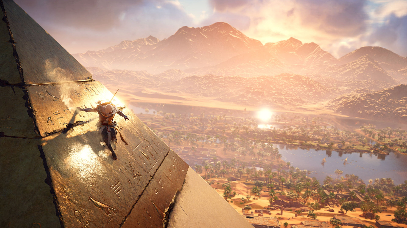 Main character is climbing the pyramid