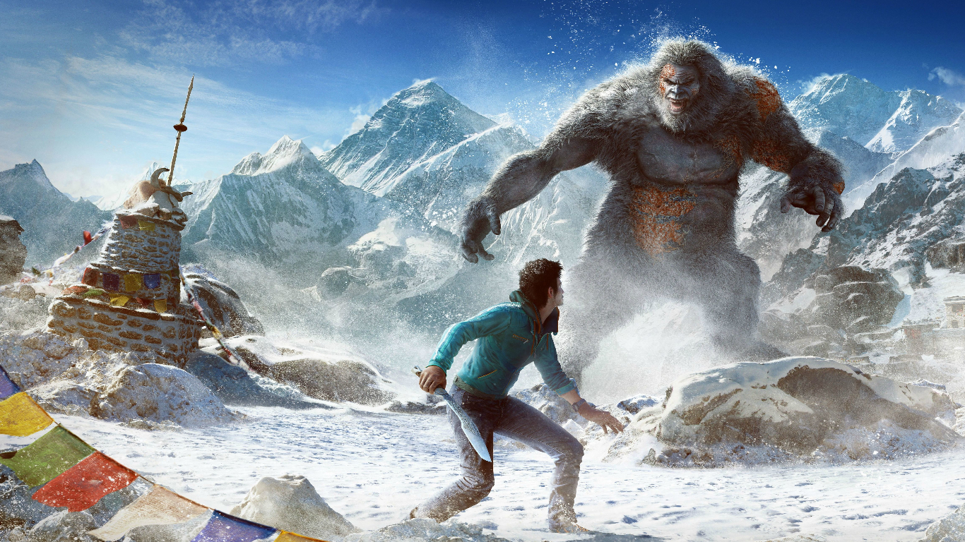 A game character with knife in his hand running from yeti