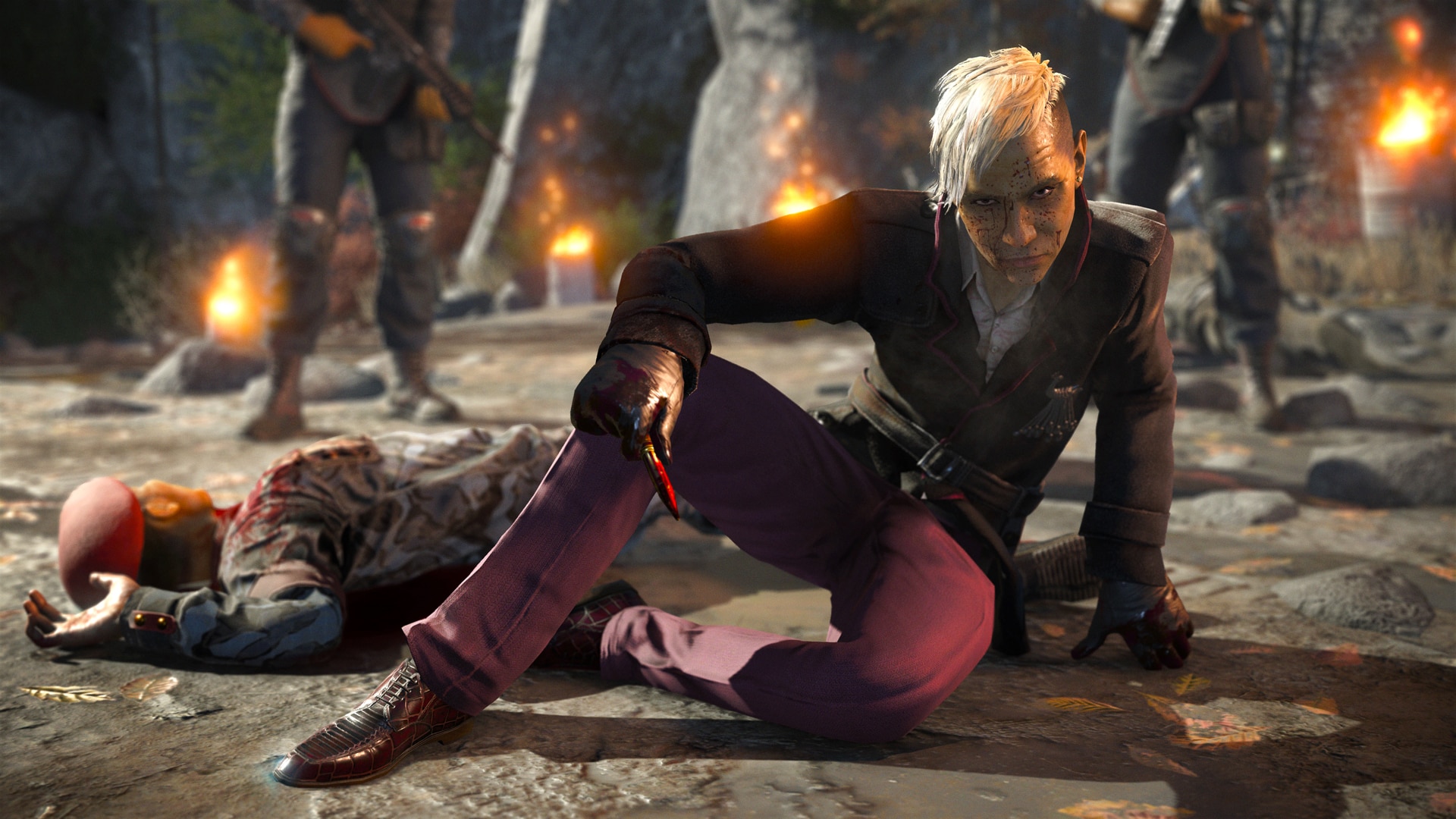 Game character sitting after killing a man