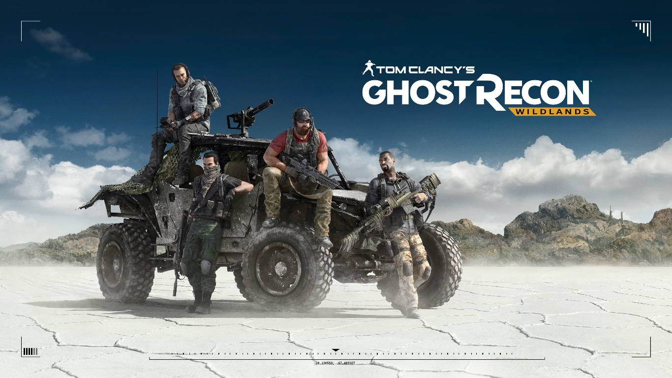 Game characters standing with a jeep