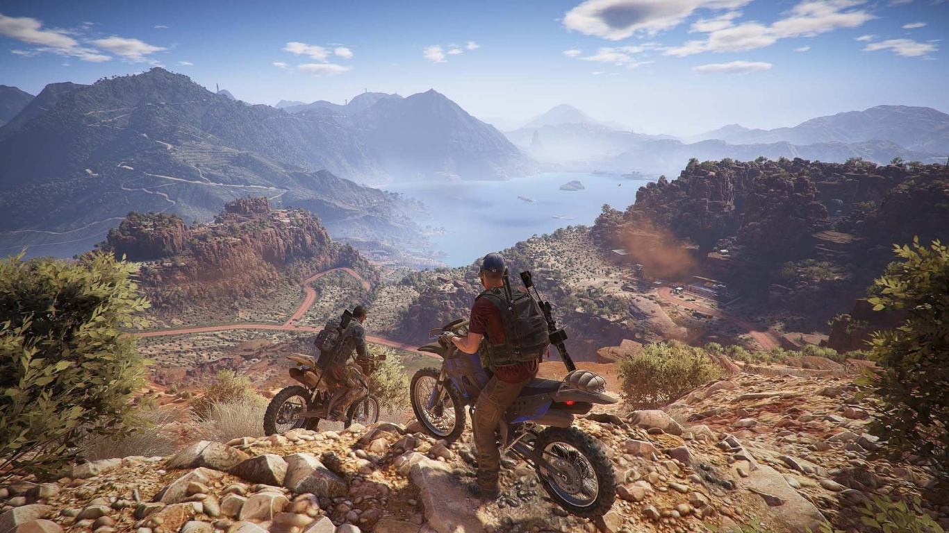 Game characters going downhill by bikes