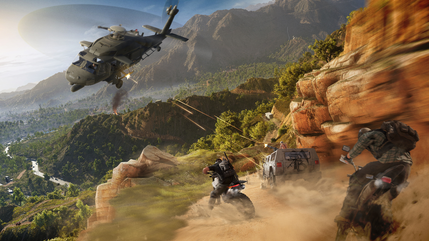 Helicopter shooting the game characters