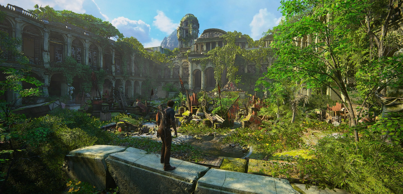 Game character exploring a ruin mansion