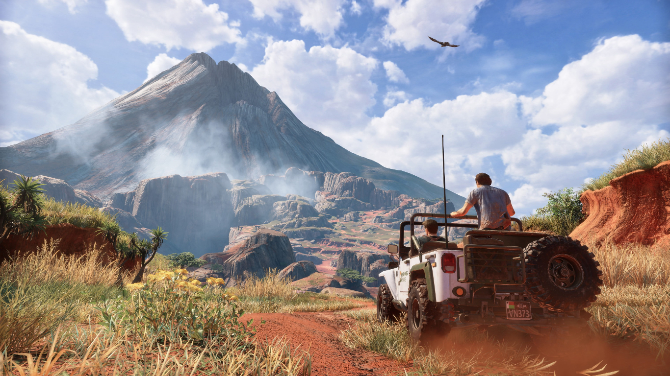 Two game character on a jeep in hilly area