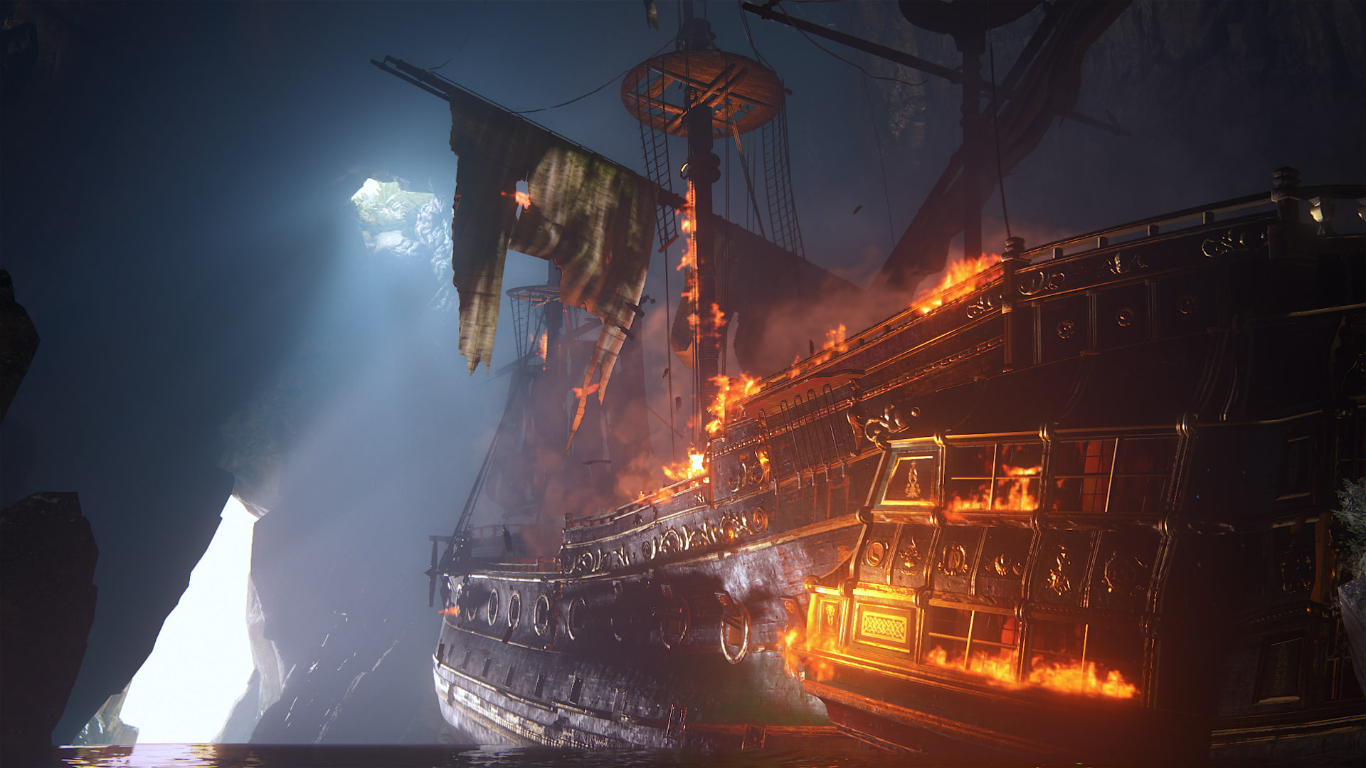 A wooden ship on fire in a water cave