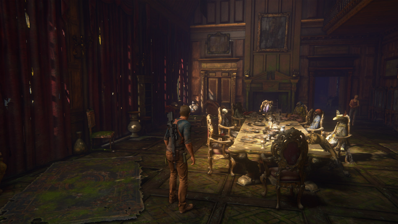 Game character exploring a room alone