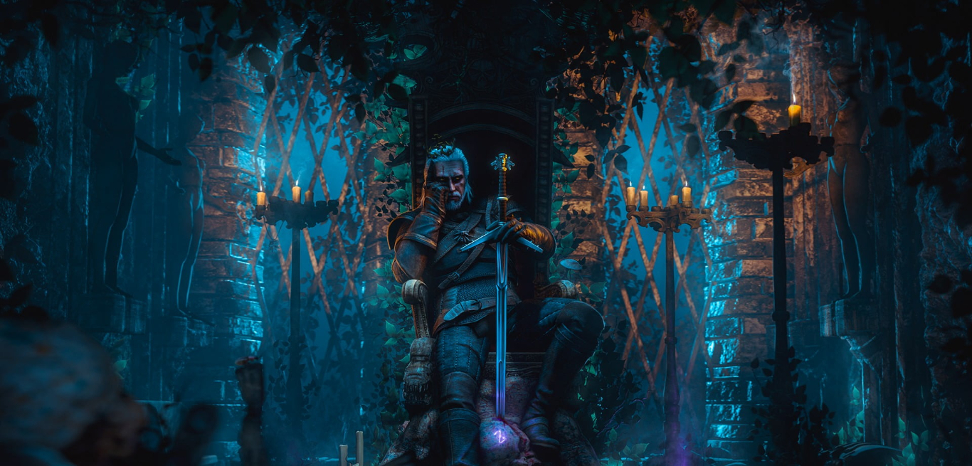 Game character sitting on a throne with a sword in his hand