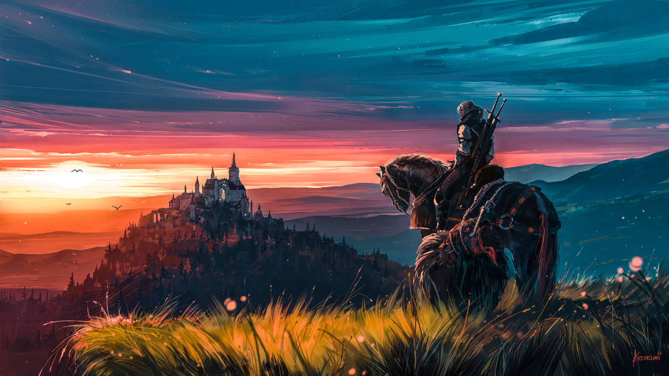 Witcher game main character riding a horse going towards a castle