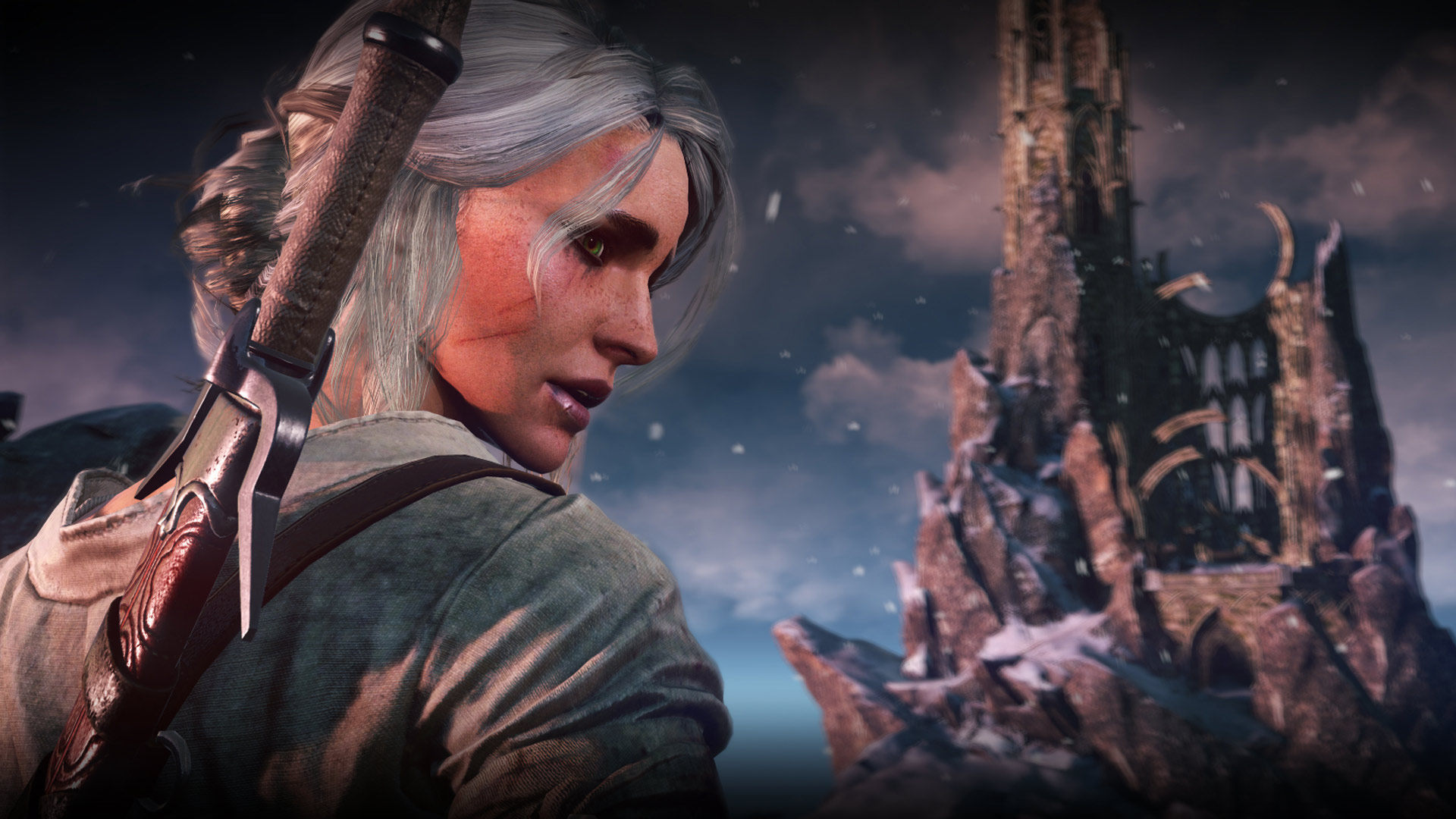 game character seeing something to her right