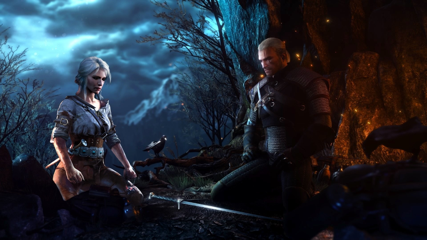 Games character sitting under a tree, opposite to each other