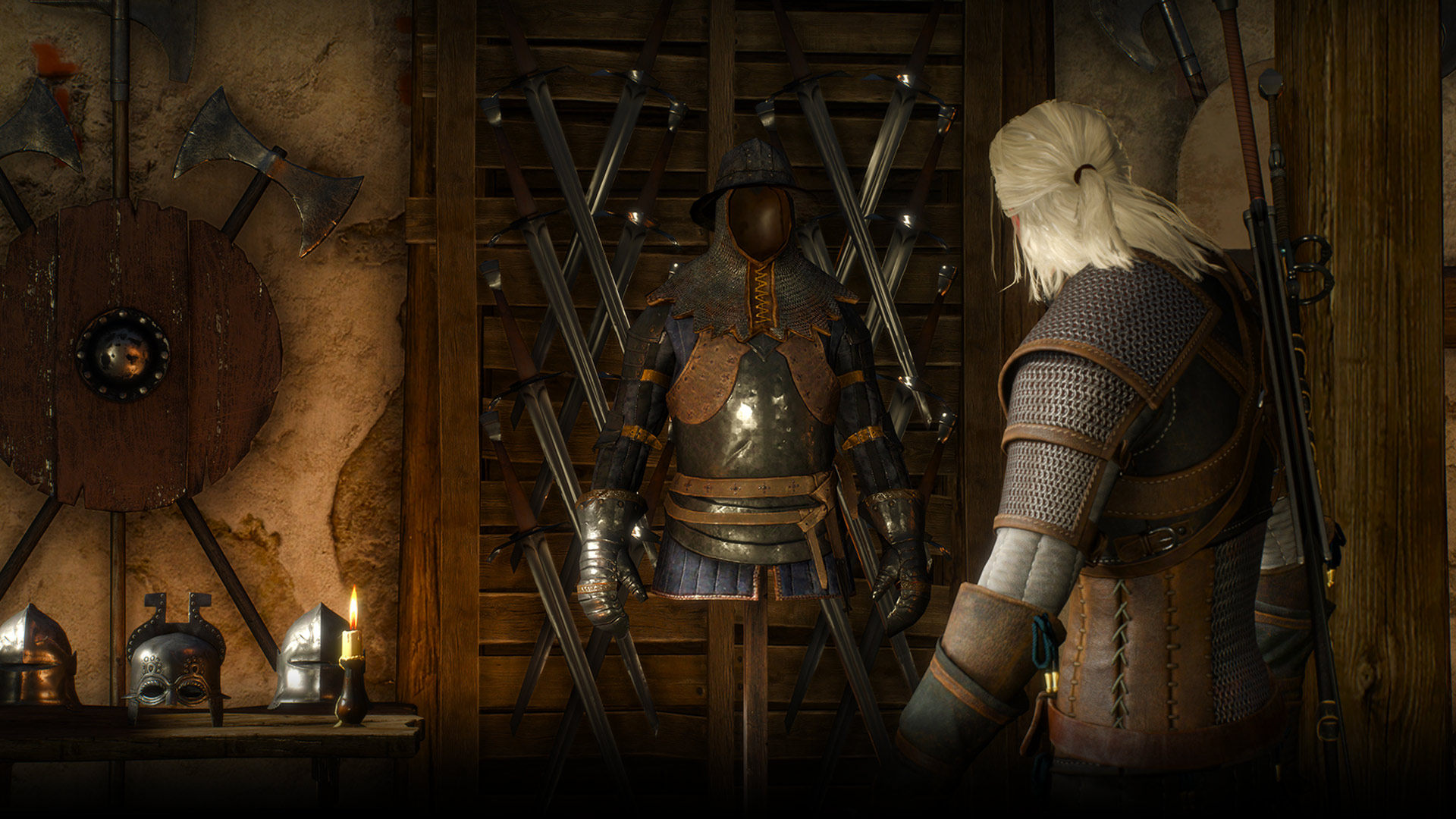 Game character examining weapons and armour