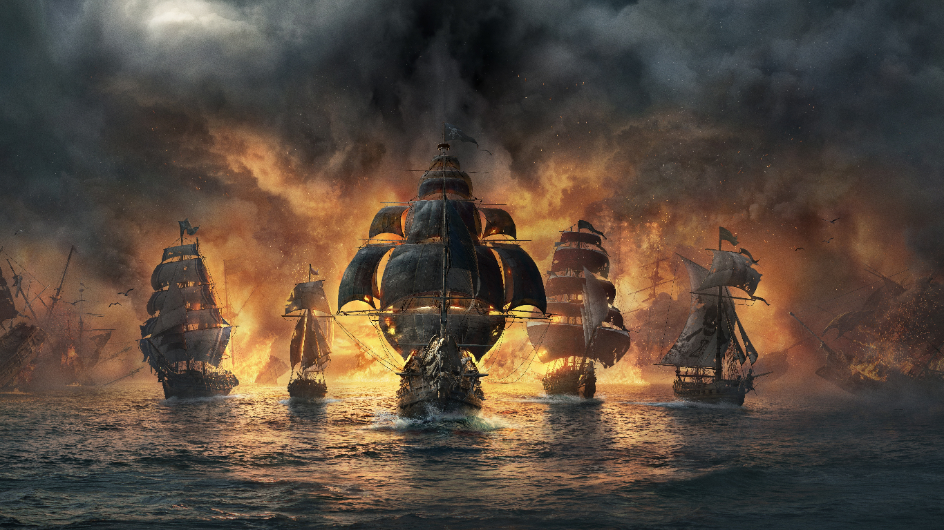 Old wooden pirate ships sailing in sea