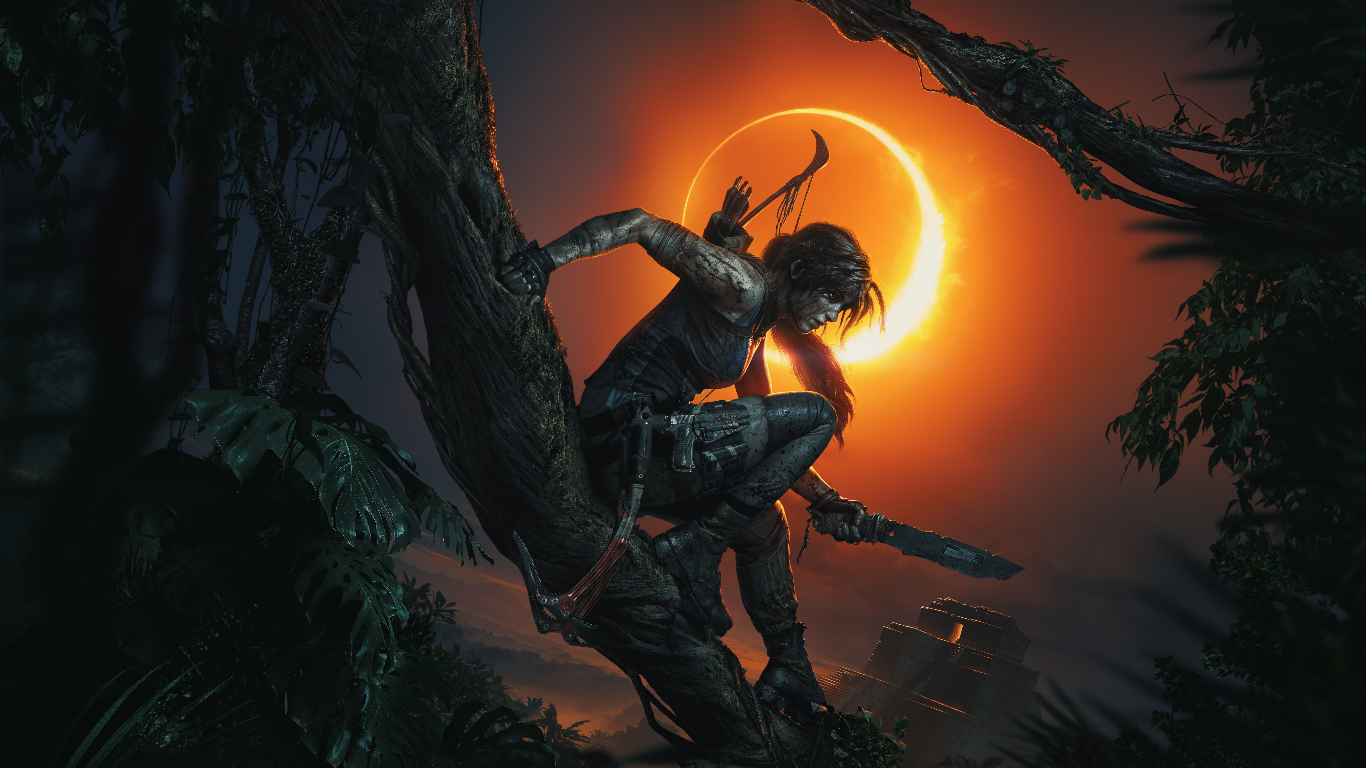 lara croft sitting on a tree branch with knife in her hand