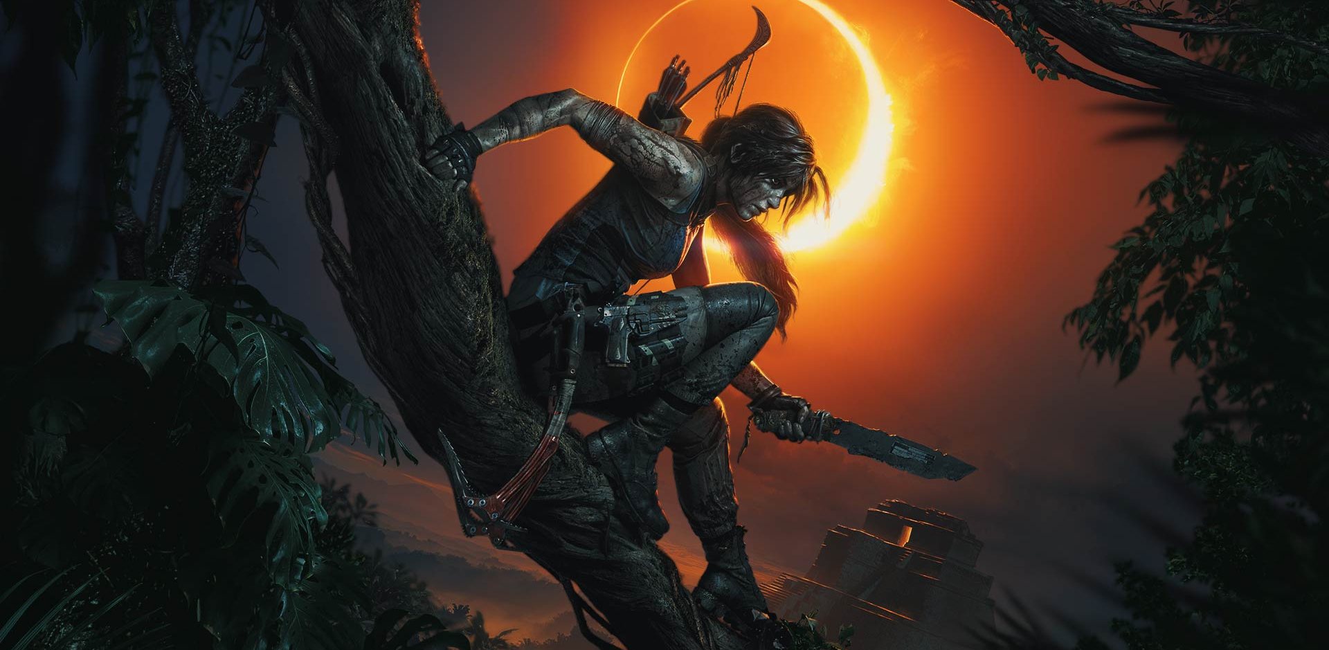 lara croft sitting on a tree branch with knife in her hand