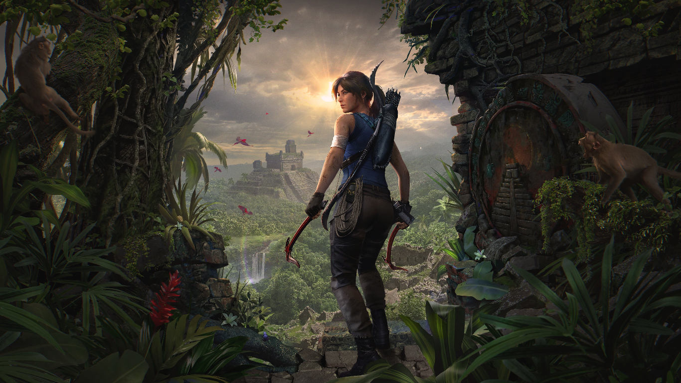 lara croft watching a monkey while going toward a old ruin