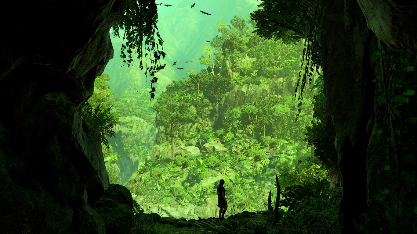 Lara croft going out from a tunnel into dense vegetation