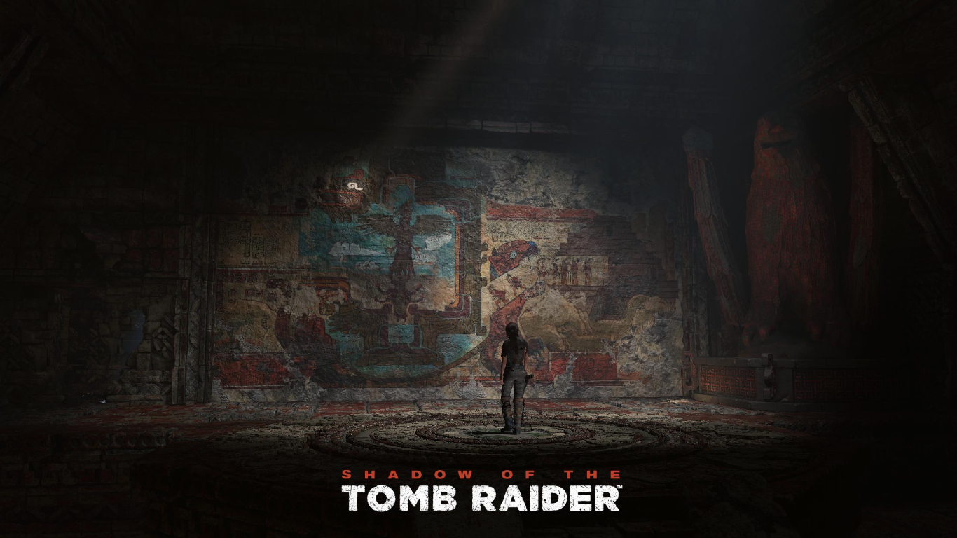 Lara croft exploring some areas and examining images on the wall