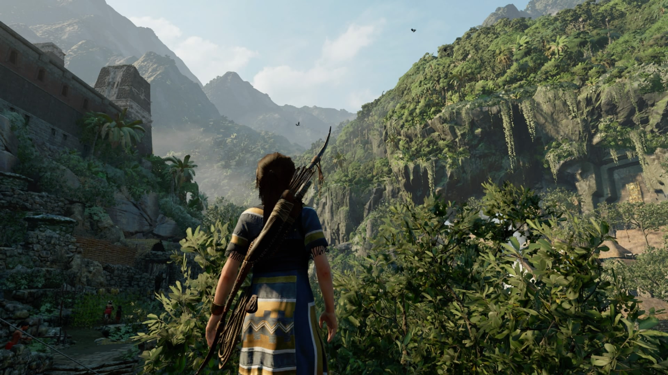 lara croft face away watching something in jungle