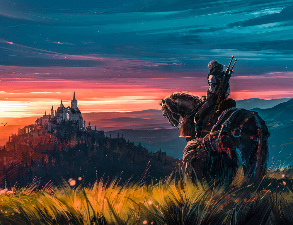 Witcher game main character riding a horse going towards a castle